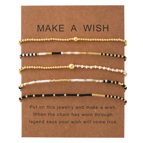 5Pcs Stack Gold Plated Ball Beaded Bracelets Set for Women, Boho Handmade Colorful Glass Pearl Stretch Accessories Jewelry, Summer Beach Daily Wear Holiday Friendship Gift - color: White Black Gold