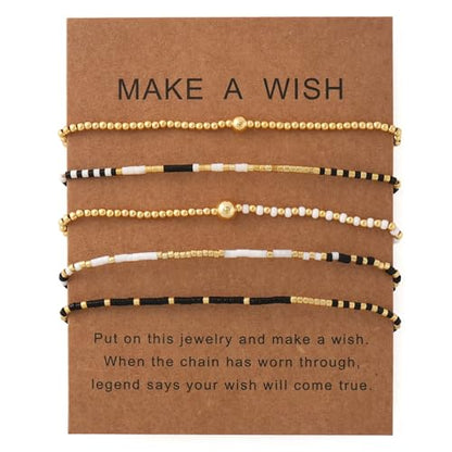 5Pcs Stack Gold Plated Ball Beaded Bracelets Set for Women, Boho Handmade Colorful Glass Pearl Stretch Accessories Jewelry, Summer Beach Daily Wear Holiday Friendship Gift - color: White Black Gold