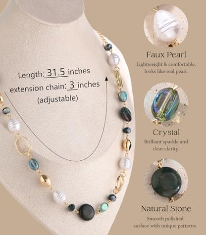 Long Gold Necklaces for Women Trendy Beaded Chain Necklace Chunky Costume Jewelry Gifts for Her - color: Green Agate