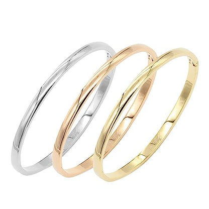4 mm Width Stainless Steel Plain Bangle Polished Finish Oval Shape Classic 7 Inches Bracelet Silver Gold and Rose Gold 3 Pieces Set