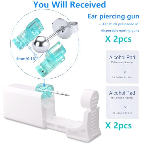 Ear Piercing Kit - Disposable Piercing Gun Preloaded with Different Style 4 mm Studs, at Home Self Piercer Kit (Large Silver Ball) - color: Large Silver Ball