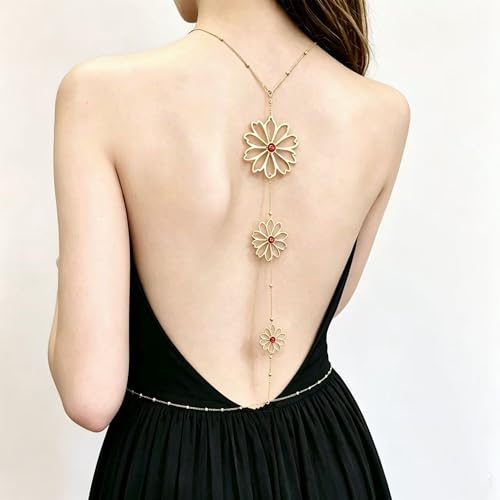 Back Body Chain for Women Boho Pearl Cross Flower Back Drop Necklace Adjustable Y-Shaped Lariat Back Jewelry - color: gold