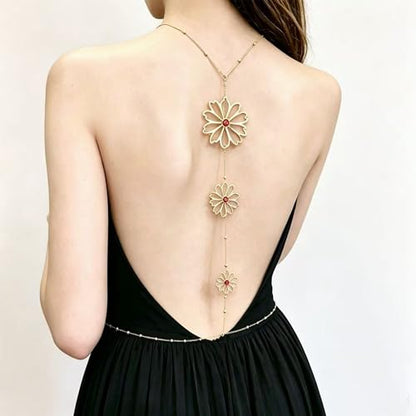 Back Body Chain for Women Boho Pearl Cross Flower Back Drop Necklace Adjustable Y-Shaped Lariat Back Jewelry - color: gold