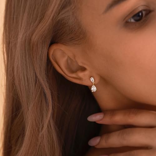Dangle Drop Earrings for Women Wedding Bridal Rhinestone Long Cubic Zircon Dangling Crystal Chandelier Sparkly 14K Gold Plated Dainty Trendy Jewelry Gifts - color: Gold-2CZ Drop