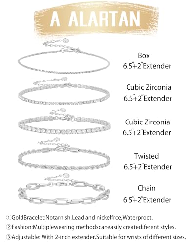 Gold Bracelets for Women 14K Gold Plated Stack Trend Bracelets Charm Paperclip Chain Cuban Link Layered Waterproof Bracelet Dainty Bracelet for Women Jewelry Gifts - color: Silver 5Pcs