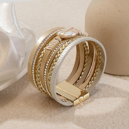 Wrapped Bracelets for Women,Leather Boho Bracelets for Women - color: Shell-Khaki