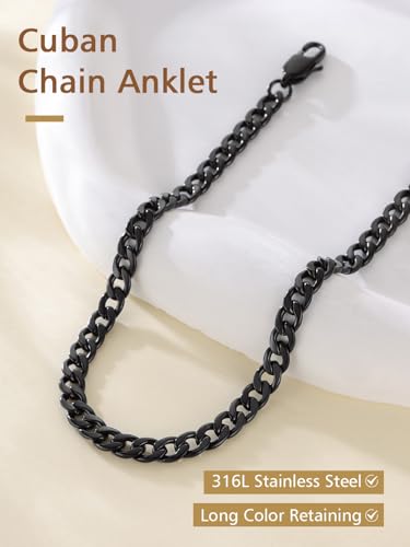 FindChic Stainless Steel Ankle Bracelets for Women, Waterproof Figaro/Cuban/Box/Beaded Chain Anklets, Summer Beach Foot Jewelry, 8.5''-10.5'' Adjustable Length, with Gift Box - style: Cuban Chain-Black