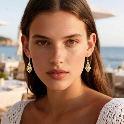 BOUTIQUELOVIN Filigree Dangle Earrings for Women Drop Earings | 14K Gold Plated Geometric Dangling Leverback Earrings Silver Hypoallergenic Dangly Earings Lightweight Daily Jewelry Gifts - color: A-14K Gold