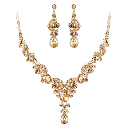 EVER FAITH Rhinestone Crystal Bridal Floral Wave Teardrop Necklace Earrings Set - color: 2pcs_Champagne