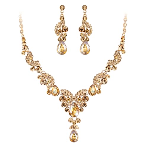 EVER FAITH Rhinestone Crystal Bridal Floral Wave Teardrop Necklace Earrings Set - color: 2pcs_Champagne