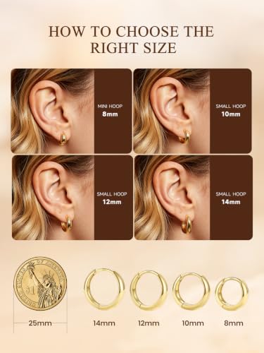 Bestyle Gold Huggies Earrings for Women Hypoallergenic 925 Sterling Silver Post Huggie Hoop Earrings Thick Lightweight Small Hoop Earrings 8/10/12/14mm - color: Gold, size: 8mm