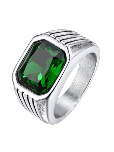 Bestyle Chunky Signet Ring for Men, Stainless Steel/Black Ring Synthetic Gemstone Band Ring Biker Ring for Men, Thumb Pinky Ring Mens Fashion Ring Jewelry Size 7-14, Gift Package - color: 4. green emerald-silver