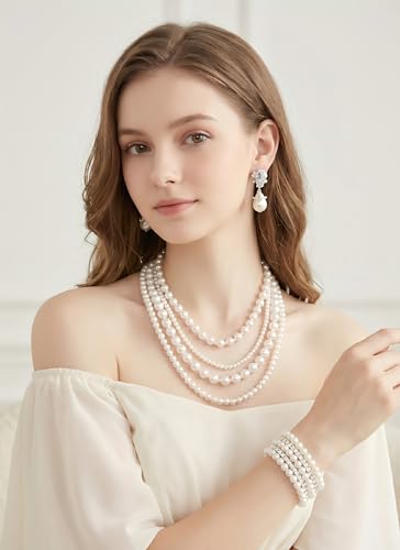 Pearl Necklace Set - Faux Pearl Earrings and Bracelets Jewelry Set for Women Wedding Bridal Shower Tea Party Accessories - style: 4pcs-silver
