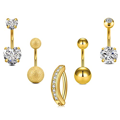 Belly Button Rings Stainless Steel 14G CZ Opal Navel Rings Barbells Women Girls Belly Piercing Jewelry - color: Gold Color-Clicker-StyleC: 5PCS