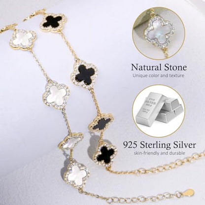 925 Sterling Silver Four Leaf Clover Bracelet – Real Silver Lucky Clover Jewelry for Women, Dainty Good Luck Gift for Her - color: Gold – White + Black Set