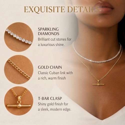 Layered Necklaces for Women Pearl Necklace Stack Gold T Bar Necklace Set Dainty Heart Pendant Jewelry Trendy 2026 Fashion Accessories Gifts - color: B5:2pcs-tennis-gold