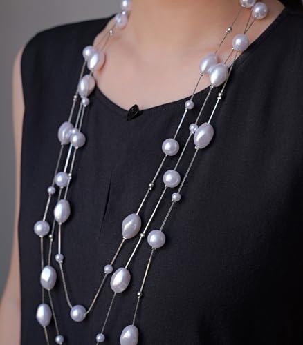 Errally Long Pearl Necklace and Earring Set Layered Pearl Beaded Necklaces for Women White Costume Jewelry Sets Gifts for Mom - color: Faceted Oval