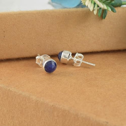 5 MM Natural Gemstone 925 Sterling Silver Hypoallergenic Studs Earrings Jewelry for Women Dainty Trendy Antiqued Silver Birthstone Earrings Jewelry Gifts for Women and Her - color: Blue Sapphire