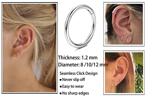 Unisex Dainty Tiny 18k Real Gold Plating Cartilage Huggie Hoop Earrings, 16G Surgical Steel Small Endless Hinged Hoops Earring for Earlobe Cartilage Helix Rook Daith Conch Nose Lip Body Piercing Jewelry - color: Silver 6/8/10mm