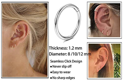 Unisex Dainty Tiny 18k Real Gold Plating Cartilage Huggie Hoop Earrings, 16G Surgical Steel Small Endless Hinged Hoops Earring for Earlobe Cartilage Helix Rook Daith Conch Nose Lip Body Piercing Jewelry - color: Silver 6/8/10mm