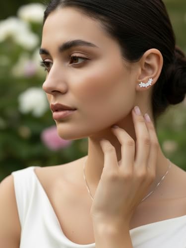 Moissanite 20mm Butterlfy/Flower/Leaf/Bezel Crawler Stud Earrings for Women, 925 Sterling Silver with Gold Plated, Hypoallergenic Cartilage Earrings, Valentines Birthday Anniversary Wedding Gift - color: Flower - White Gold