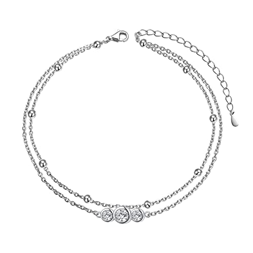 Flyow Anklet for Women S925 Sterling Silver Adjustable Foot Beaded Heart Charm Ankle Bracelet Anklets Jewelry - style: 3 CZ