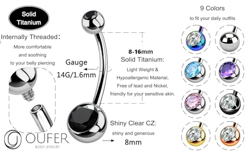 OUFER Titanium Belly Button Rings, Internally Threaded Belly Ring, Round CZ Navel Rings for Women Men - color: Black CZ, size: 1.6*10MM