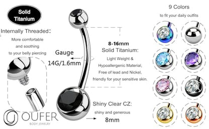 OUFER Titanium Belly Button Rings, Internally Threaded Belly Ring, Round CZ Navel Rings for Women Men - color: Black CZ, size: 1.6*10MM