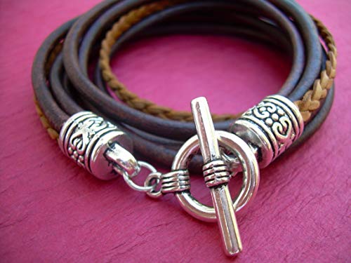Womens Leather Bracelet, Five Strand, Double Wrap, Antique Brown/Natural, Womens Jewelry, Womens Bracelet, Wrap Bracelet, Leather, Jewelry