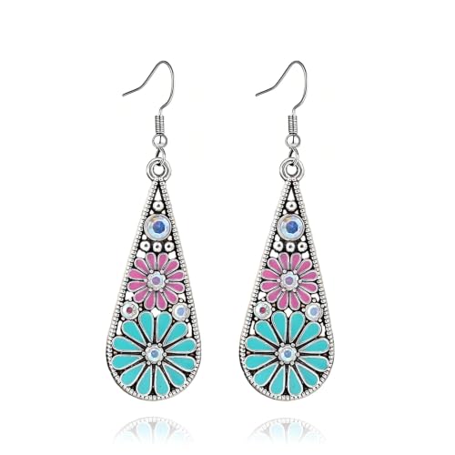 MALOYANVE Bohemian Crystal Teardrop Earrings for Women Vintage Tribal Geometric Enamel Rhinestone Hollow Flower Earring Handmade National Statement Jewelry Gift - color: Rose Blue Silver