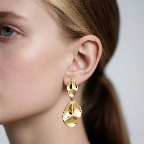 Large Geometric Drop Dangle Earrings for Women Pearl Teardrop Disc Rectangle Oval Fishtail Shell Shaped Textured Dangle Studs Earrings for Women - color: Gold-Irregular