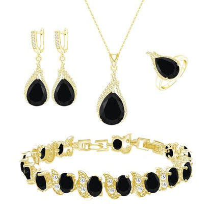 GZWHD Jewelry Set for Women CZ Earrings Necklace Ring Bracelet Set Prom Party Wedding Jewelry Gift for Mother Friend Wife - color: B-Gold-Black