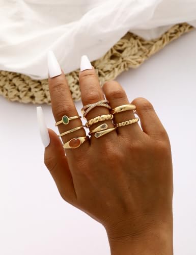 iF YOU Non Tarnish Chunky Gold Rings for Women, 14K Gold Plated Dainty Stackable Cross Cubic Zirconia Ring Set, Knuckle Stacking Pinky Thumb Ring Statement Wedding Bands Jewelry Size 4.5-10 - color: Gold-gem rings