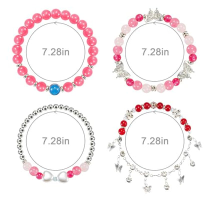 Besydec Stackable Boho Beaded Bracelets With Natural Stone & Pearl Heart & Clay Beads for Women,Adjustable Silver Jewelry - color: Red Silver