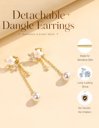 Pearl Dangle Stud Earrings for Women, 925 Sterling Silver Post Drop Earring | Trendy Detachable Chain Earrings, CZ Flower Stud Earrings, Hypoallergenic Wedding Statement Jewelry for Brides - color: Gold 1