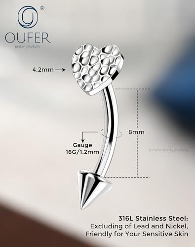 OUFER Rook Piercing Jewelry, G23 Solid Titanium Eyebrow Rings, Heart Vertical Labret Lip Jewelry, 16G Curved Barbells, Daith Rook Earrings for Women Men - color: Stainless Steel Heart, size: 16G 8mm