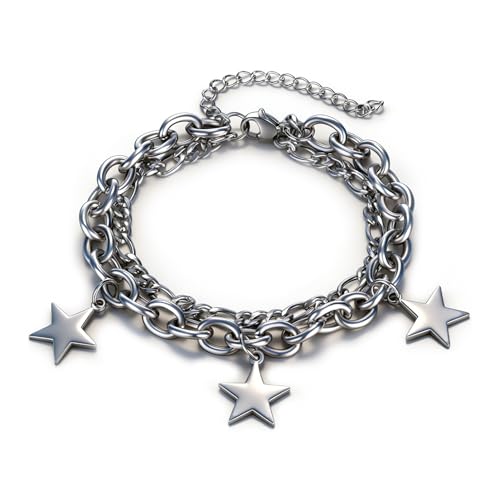 Women’s Star Bracelet Stainless Steel Link Chain, Double Layer Star Charm Bracelet for Women, Fashion Curb Bracelet Stackable Birthday Gift