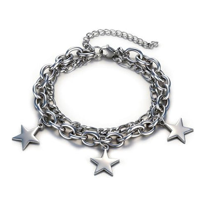 Women’s Star Bracelet Stainless Steel Link Chain, Double Layer Star Charm Bracelet for Women, Fashion Curb Bracelet Stackable Birthday Gift