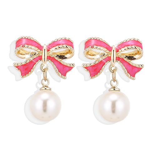 Gold Bow Earrings for Women, Long Tassel Chain Drop Earrings, Trendy Small Bow Earrings, Ribbon Waterfall Dangling Earrings, Pearl Bow Earrings, Sparkly Elegant Bowknot Preppy Jewelry Gifts for Women - color: Pink Bow-K3