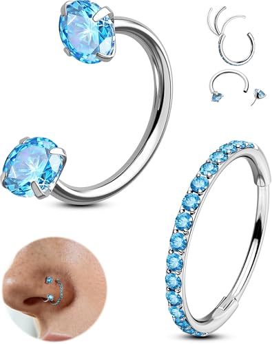 OUFER 2PCS Nose Rings Hoops, 20g Double Gem Horseshoe Threadless Nose Rings for Women, Septum Clicker Daith Tragus Helix Rook Eyebrow Lip Piercing Jewelry - color: Silver Aqua CZ