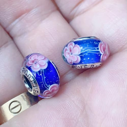 2pcs Authentic 925 Silver Murano Glass Flower Charms for Pandora Bracelets - color: 02-Pink flowers