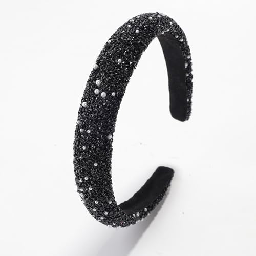 Glitter Crystal Headband for Women Sparkly Bling Diamond Headband Wide Hairband Sparkle Beaded Crystal Headband Thick Padded Headband for Party Non Slip Glitter Hair Hoop (Black, L) - color: Black