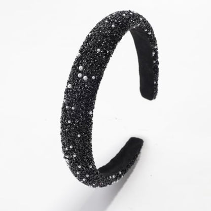 Glitter Crystal Headband for Women Sparkly Bling Diamond Headband Wide Hairband Sparkle Beaded Crystal Headband Thick Padded Headband for Party Non Slip Glitter Hair Hoop (Black, L) - color: Black