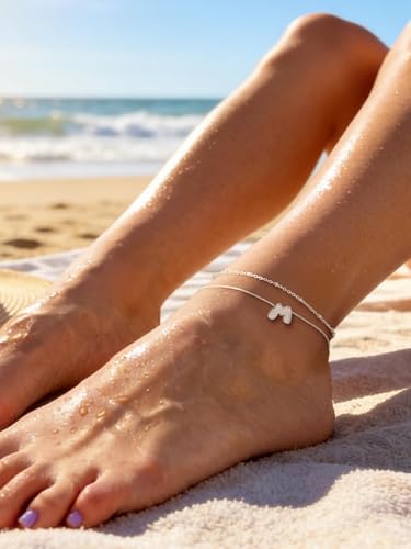 U7 Silver Gold Initial Ankle Bracelets for Women Waterproof,14K Gold Plated Initial Anklets No Tainish,Adjustable Women's Anklet Layered Ankle Summer Beach Foot Jewelry - color: Silver