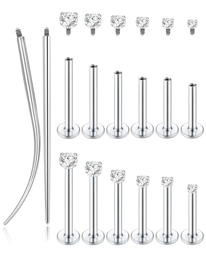 6Pairs 18K Gold Plated Internally Threaded Nose Piercing Studs Stainless Steel Lip Studs CZ Flat Back Stud Earrings Nostril Labret Conch Cartilage Earrings Helix Tragus 6/7/7/8/10/12mm 16G 18G - color: Silver, size: 18G