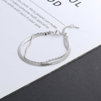 Double Layer Chain Bracelet for Women - Dainty Layered Snake Chain Link Bracelets - Minimalist Adjustable Ankle Bracelet Jewelry Gifts
