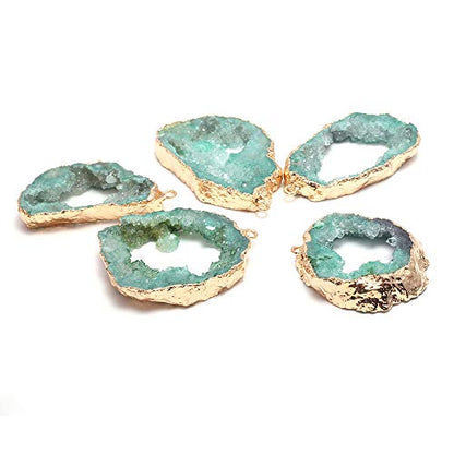 LE SKY natural stone pendant, irregular plated copper edge crystal agate stone pendant for jewelry making DIY necklace charms 25X30-35X45mm (2 Pcs) - color: blue-green