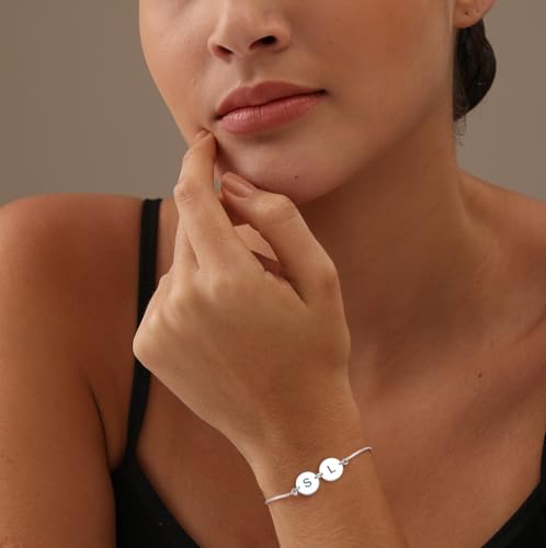 Charmsy 925 Sterling Silver Sliding Bolo Bracelet for Women | Women's Italian Handmade Adjustable Bolo Bead Ball Slider Bracelet - style: Personalized Couple Initial Charm