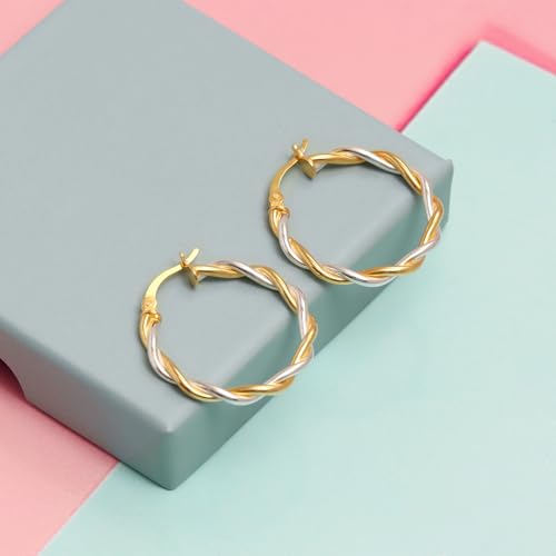 LeCalla Real 925 Sterling Silver Textured Two-Tone Three-Tone 14K Gold Plated Lightweight Italian Design Hoop Earrings for Women Diameter 25,30,40,45,50mm - color: Two-Tone Small-25mm
