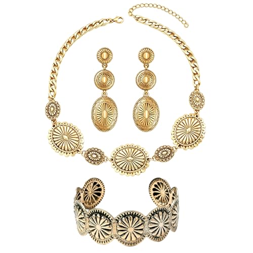 MALOYANVE Western Concho Jewelry Set for Women Vintage Sunburst Oval Choker Necklace Earrings Open Cuff Bracelet Boho Southwest Cowgirl Statement Accessories Country Concert Outfits